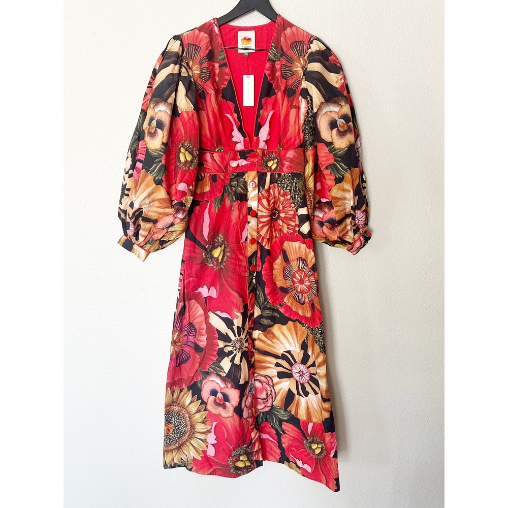 Farm Rio Flowershop Puff-Sleeve Maxi Dress V-Neck Button Front Red Size XS NEW - Picture 3 of 9